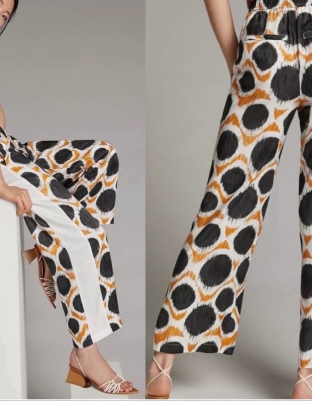 Maeve by Anthropologie Wide-Leg Pants in White with Black & Tan Dot print
